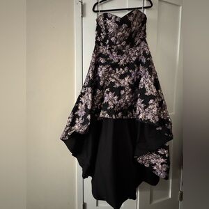 Lulus purple strapless brocade gown with high-low hem